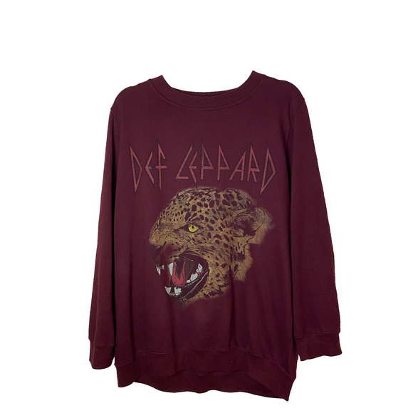 Def Leppard Tops - Def Leppard Sweatshirt Crewneck Sz L Burgundy Graphic Distressed Cheetah